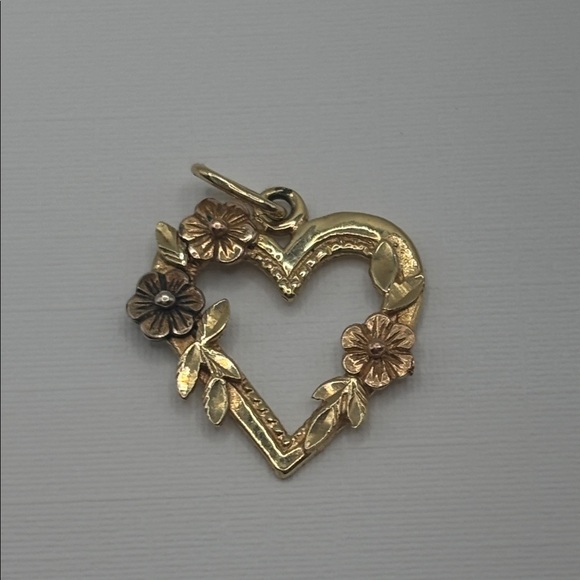 Jewelry - VTG French 14K Gold Floral Heart Love Charm Pendant Rose Gold 1980s opulence